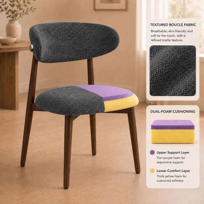 Dining Chairs Set of 4, Modern Bouclé Fabric Upholstered Kitchen & Dining Room Chairs with Ergonomic Back, Walnut Wood-Grain Metal Legs, Dark Gray