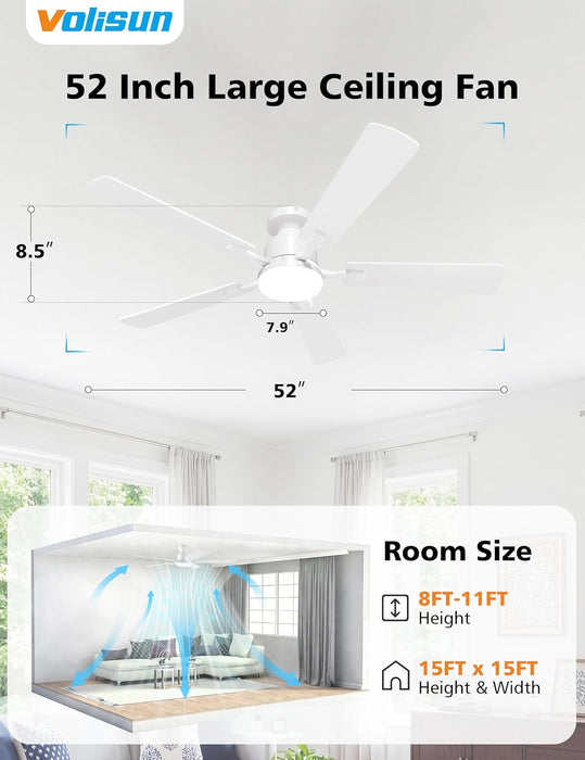 52 Inch Ceiling Fan with Lights Flush Mount, Low Profile Ceiling Fans with Lights, Remote&App Control,Dimmable 22W LED Light,Queit&Reversible Fan, White Ceilings Fans for Bedroom, Living Room