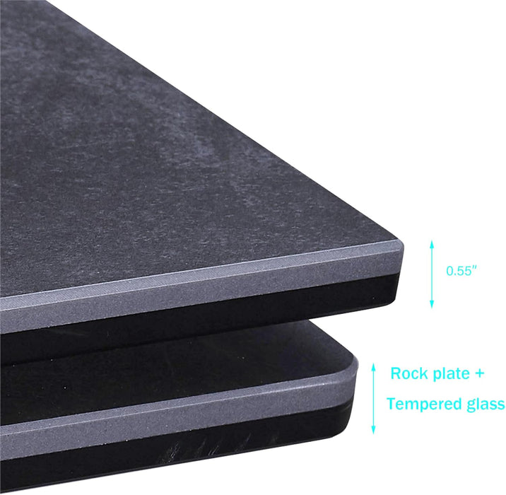 Extendable Dining Table for 8-12 Seat, Flexible Stretch, Tabletop Made from Rock Plate and Tempered Glass, Solid Carbon Steel Base, 35.4" D X 94.5" W X 30" H, Dark Grey