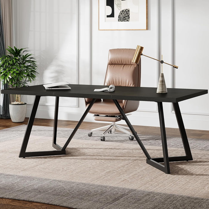 70.86-Inch Large Executive Desk, Modern Computer Office Desk Workstation with Metal Frame, Rectangular Laptop Desk Study Writing Table for Home Office (Black)