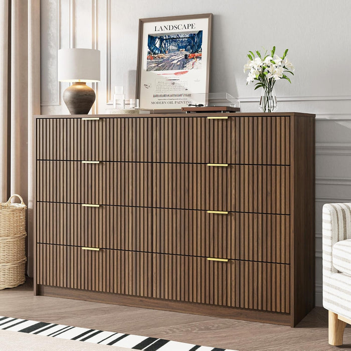 55" Wide Fluted 8-Drawer Double Dresser for Bedroom, Walnut
