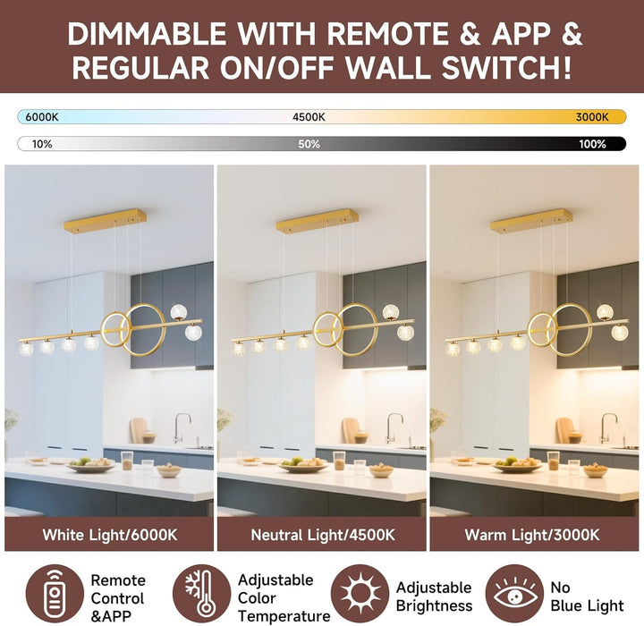 Gold Dimmable LED Chandelier Pendant Lighting Dining
