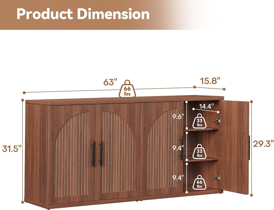 63" Fluted Buffet Cabinet with Storage, Mid-Century Symmetrical Arched Sideboard Credenza with Adjustable Shelf, Large Wood Console Table for Dining Room, Kitchen, Living Room (Warm Walnut)