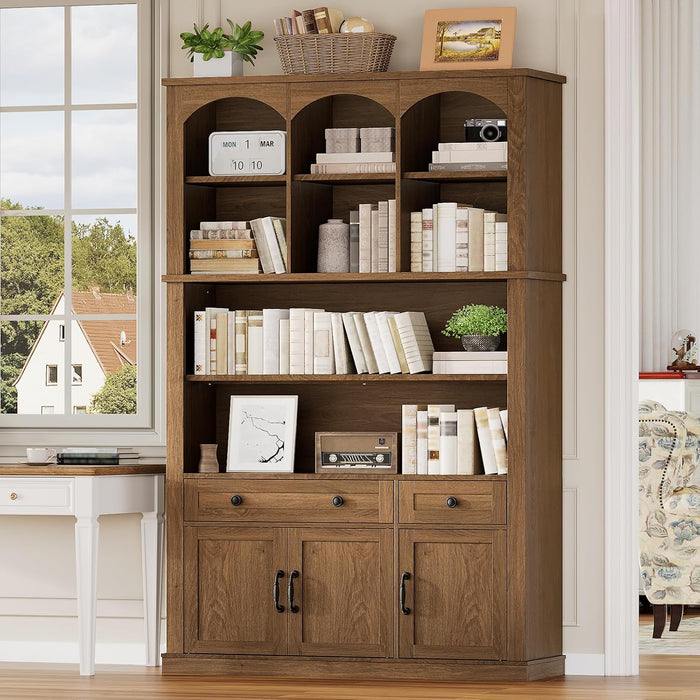 73.2" Tall Farmhouse Arched Bookshelf with Drawer and Door, 6 Tier