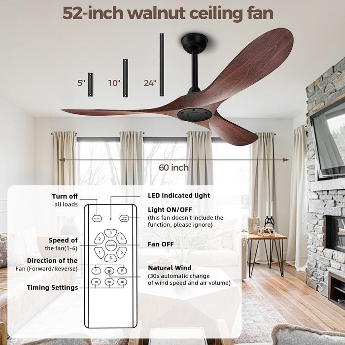 52 Inch Ceiling Fan without Lights, Walnut Finish | Outdoor Ceiling Fan with Remote, 6-Speed Adjustable Reversible DC Motor for Patio & Living Room