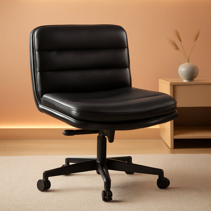 Criss Cross Chair with Wheels, Armless Wide Cross Legged Office Chair Mid Back, Modern Home Office Desk Chair Swivel Adjustable Vanity Computer Chair, Black