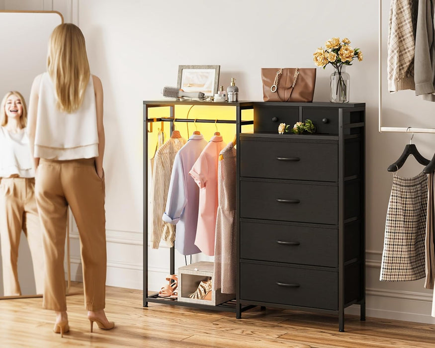 Black All-In-One Dresser With Clothes Rack Storage