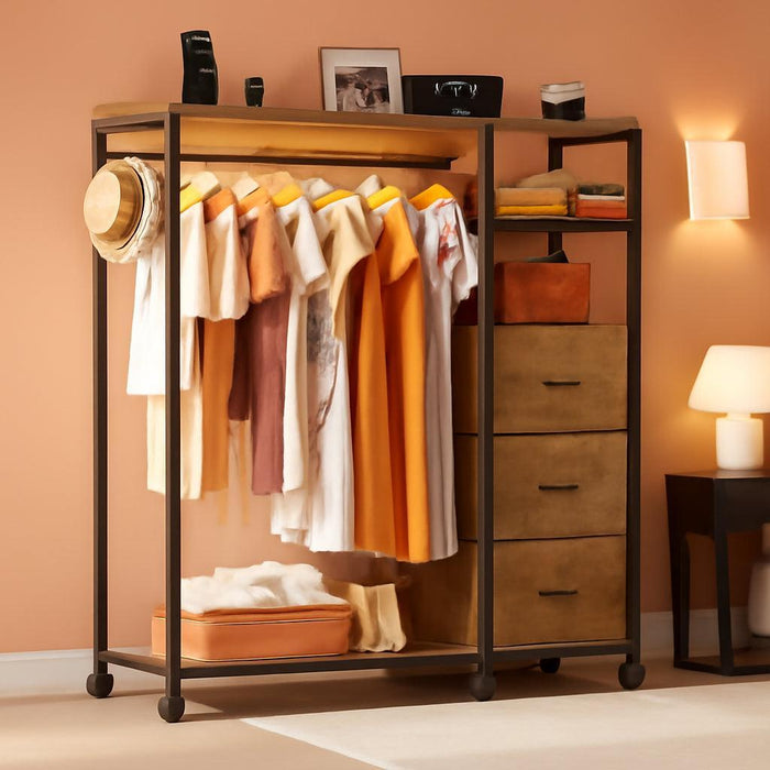 Brown Dresser With Hanging Rack And LED Lights Charging Station