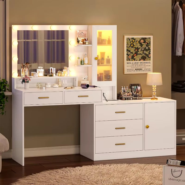 Makeup Vanity with Lights Vanity Desk with Mirror, Large Vanity Table Set with Drawer Dresser, Charging Station & RGB Cabinets