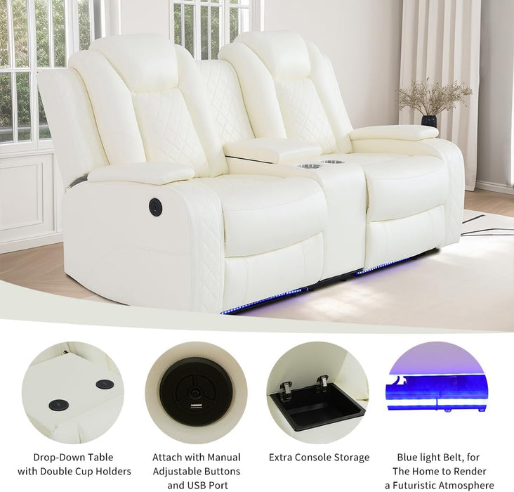 Living Room Set Leather Sofa Power Recliner Living Room Furniture Set Power Manual Loveseat with Cup Holders/Storage Console/Led Light for Living Room/Apartment(Creamy White, Loveseat)
