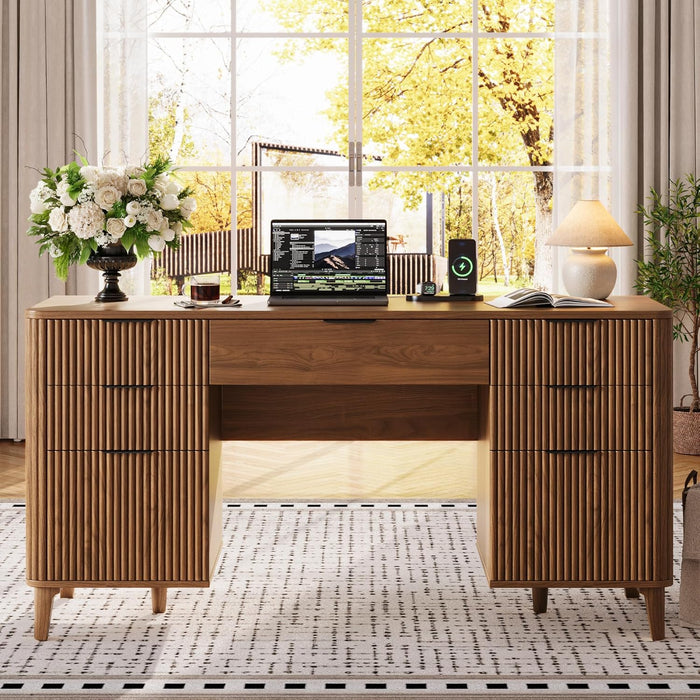 55Inch WalnutFinish Executive Desk With ChargingPort Unit