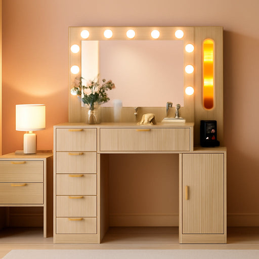 Fluted Makeup Vanity Desk with Large 31.4" Mirror and Sound Sync RGB Lights, Wood Vanity with 6 Drawers, 2 Cabinet & 3 Compartments, Charging Station, Bedroom Dressing Table, Natural Oak
