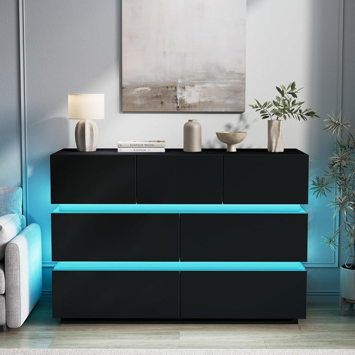 7 Drawer Dresser with LED Lights, Modern Black Dresser for Bedroom