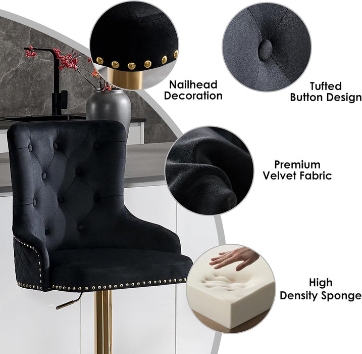Velvet Gold Bar Stools Set of 2 Modern Counter Height Bar Stools with Lion Pull Ring Tufted Back, Nailhead Upholstered Barstools for Home Kitchen Island, Swivel Adjustable Stool Chair in Black