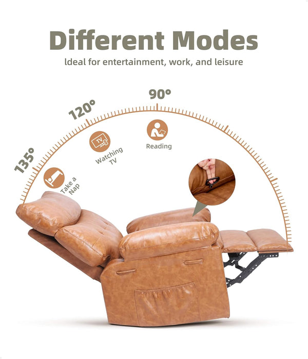 Leather Recliner Chair - Heat and Massage, Swivel Rocker Manual Recliner for Adults, Lazy Rocking Chair with Comfort Arms and Back Single Sofa for Living Room