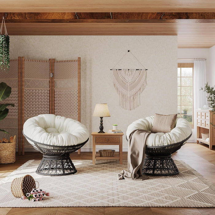 Indoor Papasan Chairs with Thick Tufted Cushions and Frame, Swivel Wicker Ergonomic Lounge Reading Chairs for Living Room/Bedroom, Beige