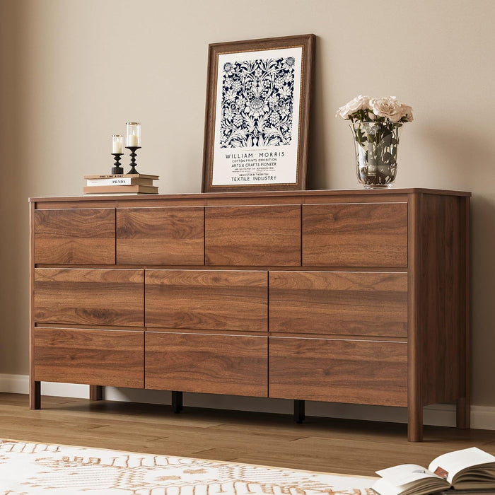 Walnut 10 Drawer Dresser for Bedroom, 63" W Modern Wood Dresser