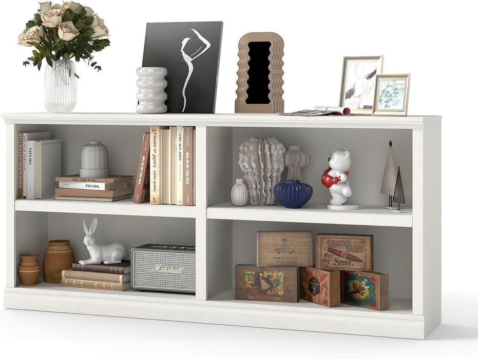 White Bookshelf Double Wide 64“ 2-Tier Bookcase 4 Cube Storage Organizer Wooden Bookcases for Bedroom and Home Office Decor Display