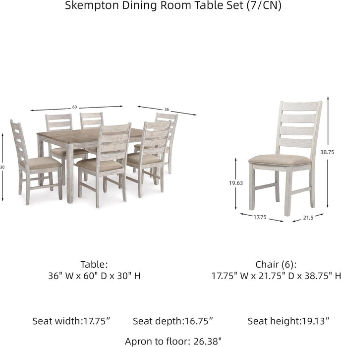 Skempton Cottage Dining 7 Piece Set – Rectangular Table & 6 Upholstered Chairs | Coastal Chic Meets Farmhouse, Whitewash