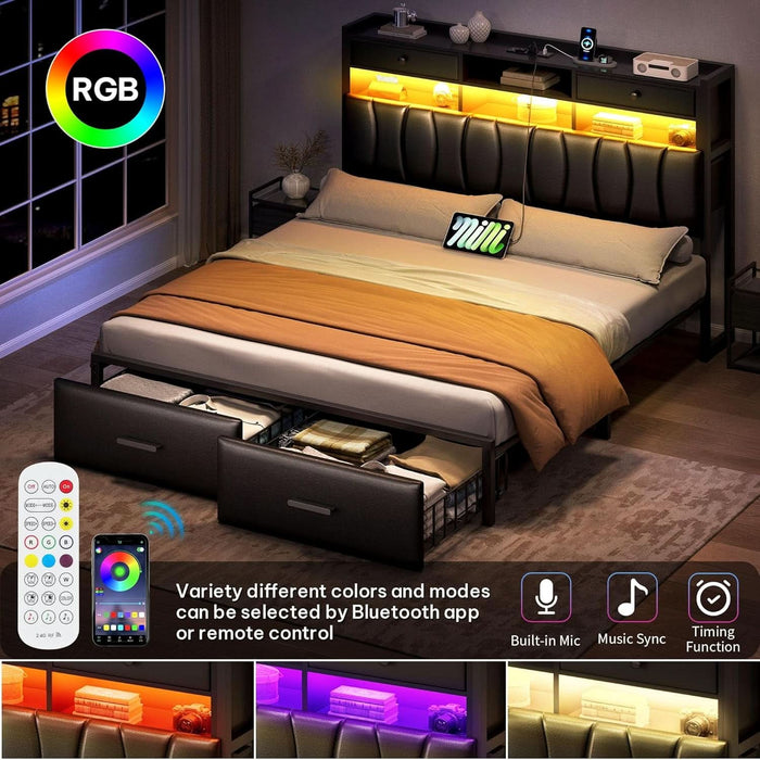 Full Size with 2 Storage Drawers and Charging Station, Upholstered Bed with Storage Headboard and LED Light, Heavy Duty Metal Frame Support, No Box Spring Needed, Noise Free, PU Leather Black