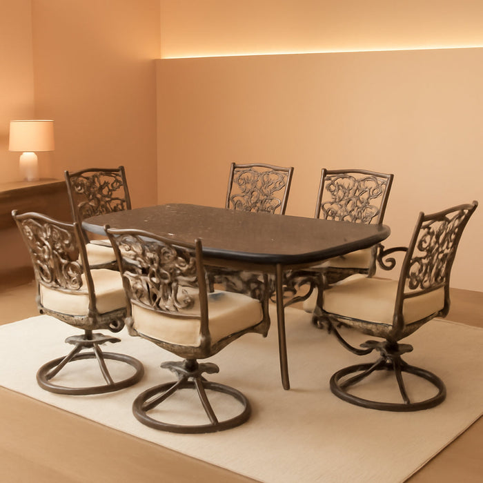 Traditions 7-Piece Patio Dining Set with 6 Swivel Rocker Chairs, Tan Cushions and Large 38"X72" Dining Table, Outdoor Dining Set for 6, Premium Weather Resistant Patio Furniture