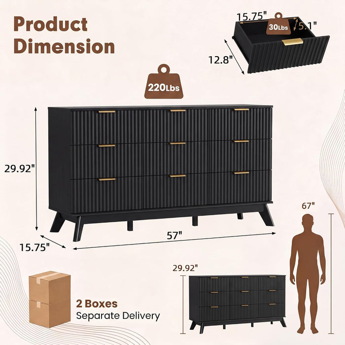 Fluted Dresser for Bedroom, 57" Wide Chest of 9 Drawers, Black