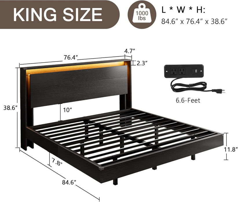 King Size Bed Frame with LED Lights & Charging Station – Wood Floating Bed Frame with Storage Headboard, Adhesive Slats, Kick-Free & Noise-Free Design, Easy Assembly, Black