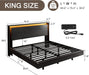 King Size Bed Frame with LED Lights & Charging Station – Wood Floating Bed Frame with Storage Headboard, Adhesive Slats, Kick-Free & Noise-Free Design, Easy Assembly, Black