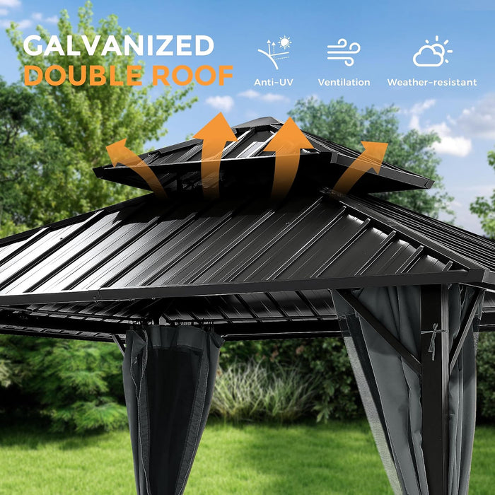 12'X12' Outdoor Hardtop Gazebo, Aluminum Gazebo with Double Galvanized Steel Roof, Curtains and Netting for Patio, Backyard, Deck, Lawn, Easy Assembly (Grey)
