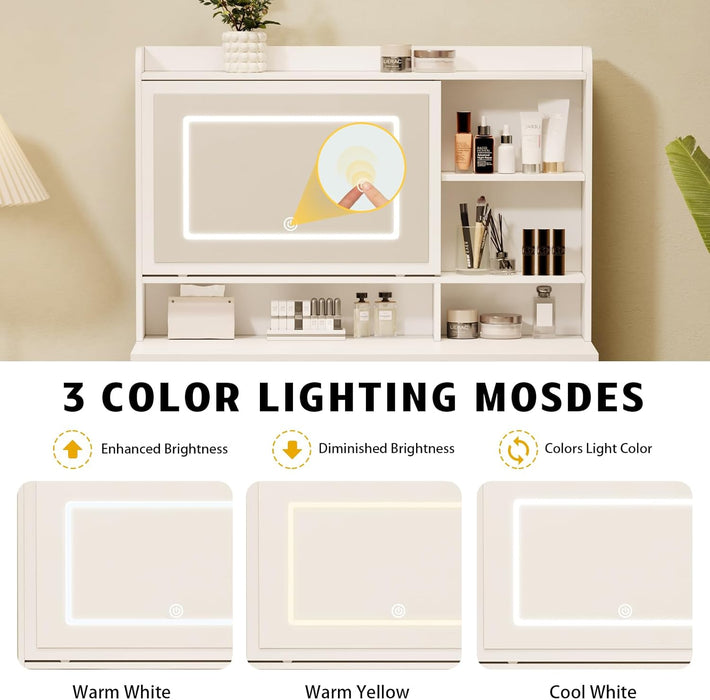 Vanity Desk with a Mirror and Lights，With Chair and Four Drawers, Three Adjustable Lighting Modes，With Power Outlet and Sliding LED Mirror,Bedroom Vanity Desk (White)