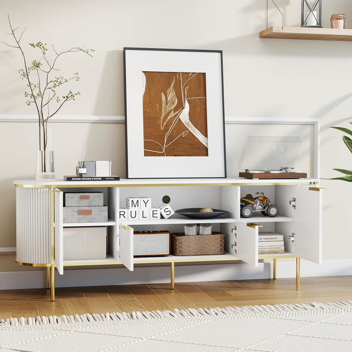 TV Consoles for Living Room: 70" Luxury Fluted White and Gold TV Stand Fits Tvs up to 80 Inch, Faux Marble Top Entertainment Center with Doors (White, 70 Inch TV Stand)