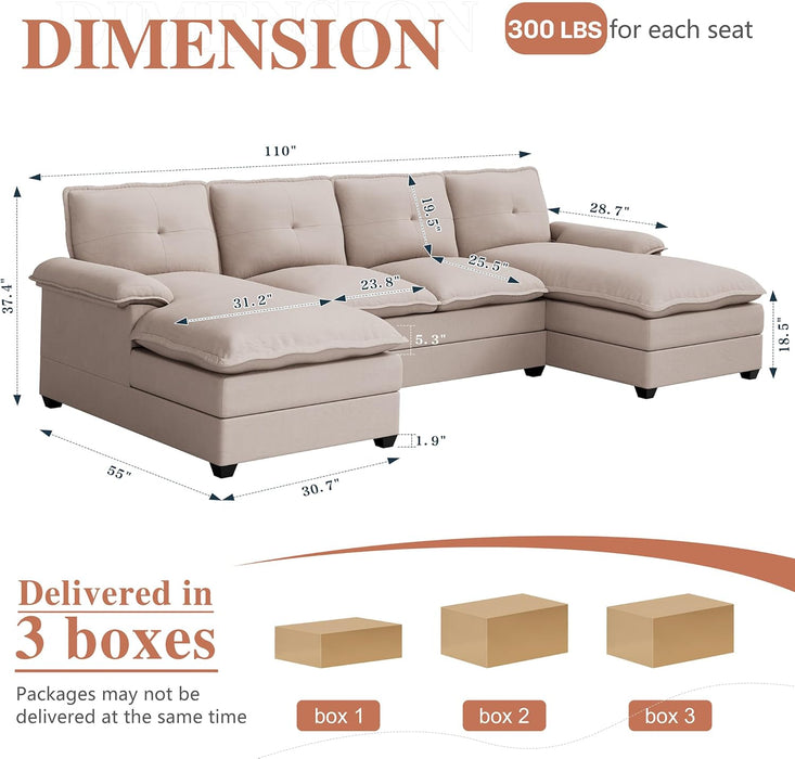 110Inch UShaped Sectional Sofa Double Chaise Beige