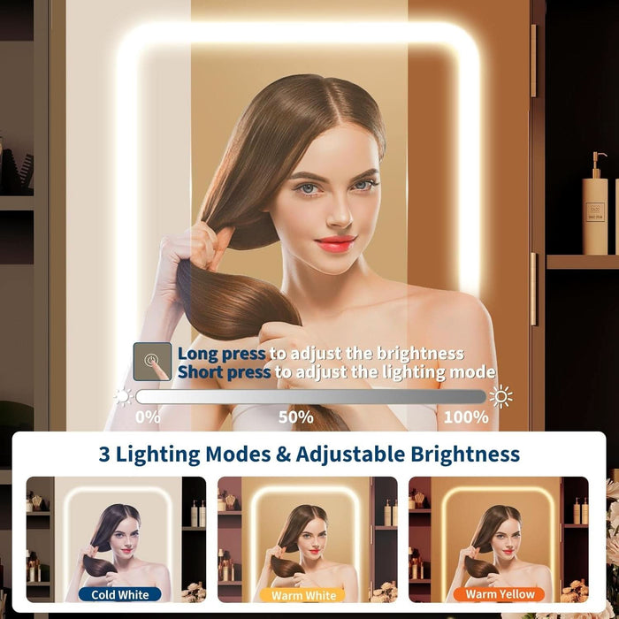 Vanity Desk with Mirror and Lights, for Bedroom,Adjustable 3 Color Lights Modes，Includes Padded Stool, Makeup Table Set with Hidden Storage Shelves, USB Outlets, Hairdryer Holder