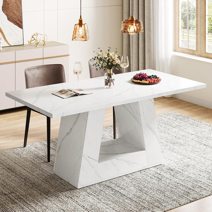 Dining Table for 4 to 6 People, 63" Rectangular Dining Room Table, Modern Wooden Faux Marble Dinner Table with Sturdy Base for Kitchen, Living Room