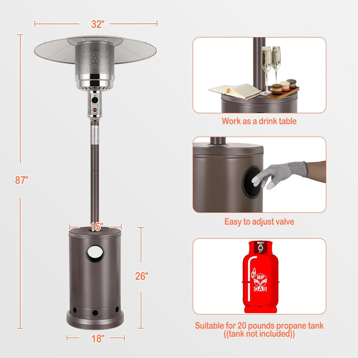 50,000 BTU Patio Heater with Sand Box, Table Design, Double-Layer Stainless Steel Burner, Wheels, Tip-Over Protection System, Outdoor Heater for Home and Residential, Bronze