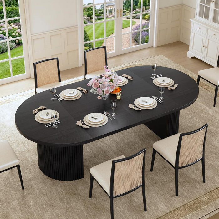 Extendable round Dining Table for 4-8, 39In-77In Long Large Kitchen Table with Fluted Base, Space Saving Modern Farmhouse Oval Dinner Tables for Dining Room, Kitchen, Living Room, Black