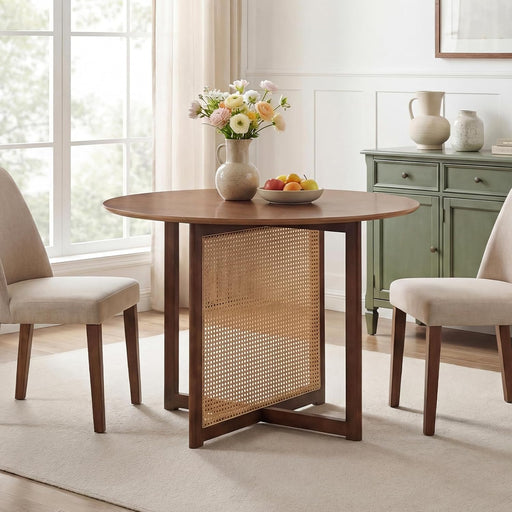 37.5" round Dining Table for 2-4, Farmhouse Kitchen Table with Solid Rubberwood Pedestal & Rattan Base, Modern Small Circle Dinner Table for Dinette Living Room