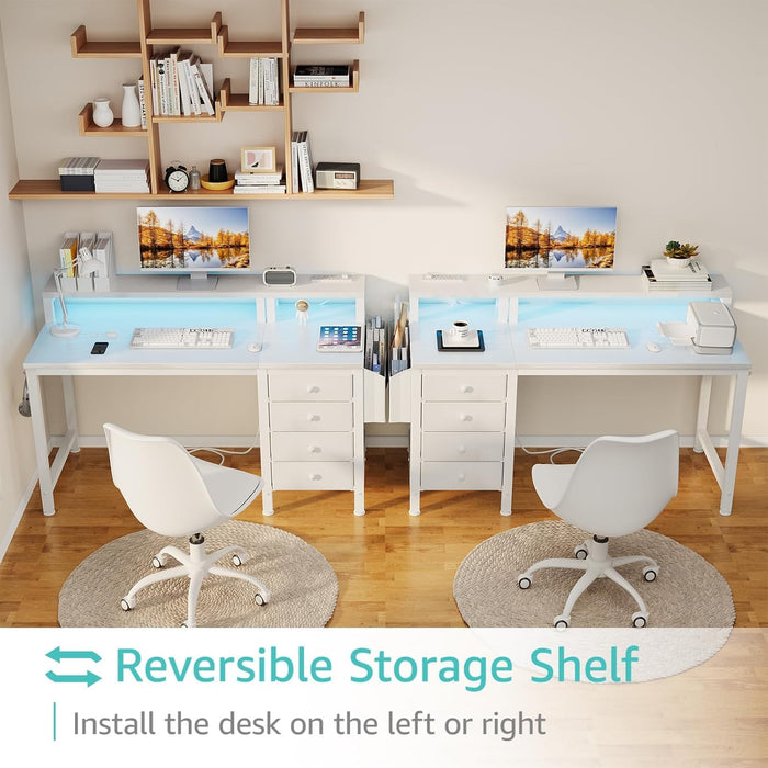 White Desk with 4 Drawers - 47 Inch Gaming Desk with Monitor Stand, Computer Gaming Desk with LED Lights Power Outlets and Storage Bag Fabric Drawer for Home Office, Bedroom, White