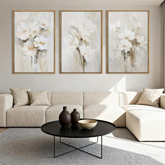 Extra Large Beige Floral Framed Wall Art 24X36 Inch Neutral White Flower Canvas Wall Art Farmhouse Wildflower Botanical Artwork for Living Room Bedroom Dining Room Set of 3