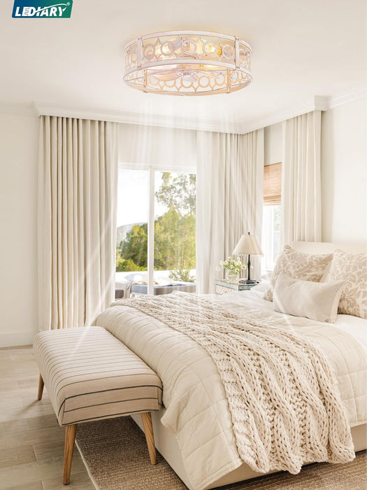 Caged Ceiling Fan with Light and Remote, 20In Small Low Profile Ceiling Fans with Lights, 6 Speed Farmhouse Flush Mount Ceiling Fan for Bedroom, Kitchen, Living Room-White and Gold