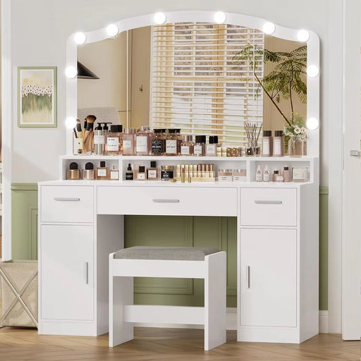 Newmakeup Vanity with Lights, Vanity Desk, Makeup Vanity Table with 3 Drawers, 2 Cabinets &Long Storage Shelf, 10 Led Lights