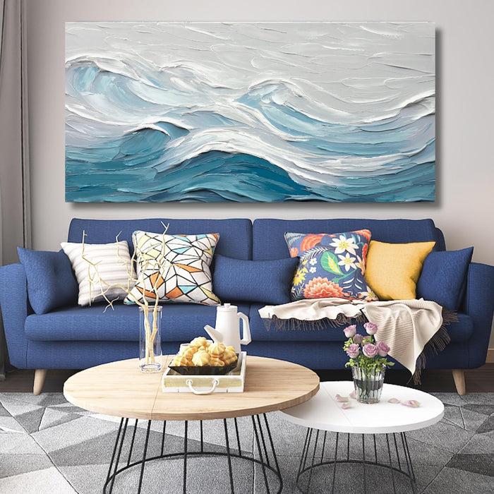Abstract Wall Art for Living Room Blue and White Ocean Paintings Wall Decor Modern 3D Textured Canvas Wall Art Large Artwork for Living Room Bedroom Office 28"X57"