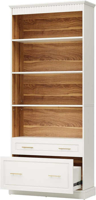 5-Shelf Bookcase with File Cabinet Drawer, 72" Tall Bookshelf, Modern Free-Standing Wood Bookcase, Large Open Display Storage Book Shelf for Living Room (1, White)