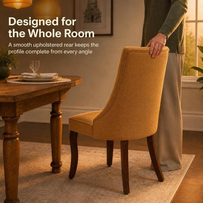 Upholstered Dining Chairs Set of 6, Gold Fabric, Curved Brown Wood Legs