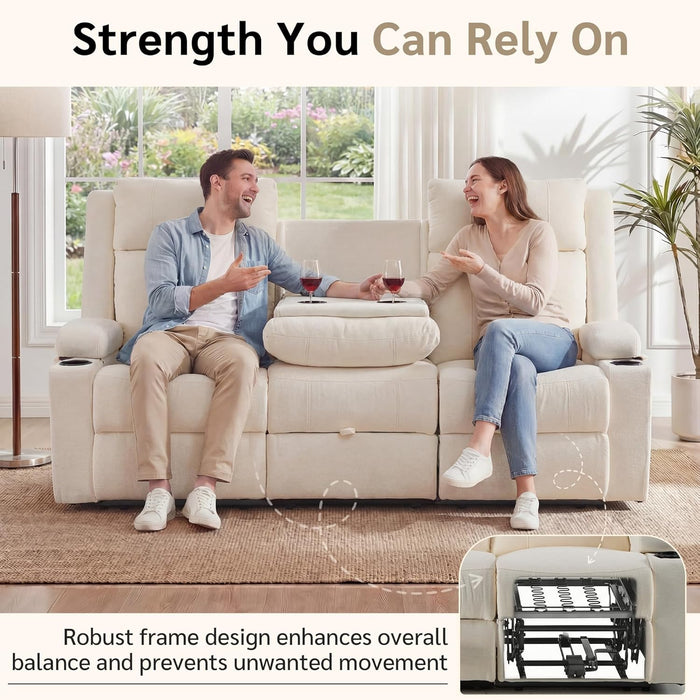 Manual Reclining Sofa, Space-Saving Reclining Couch with Convertible Table & Cup Holders & Storage Pockets, Compact 3-Seater Recliner Couch for Living Room, Home Theater & Apartment (Beige)