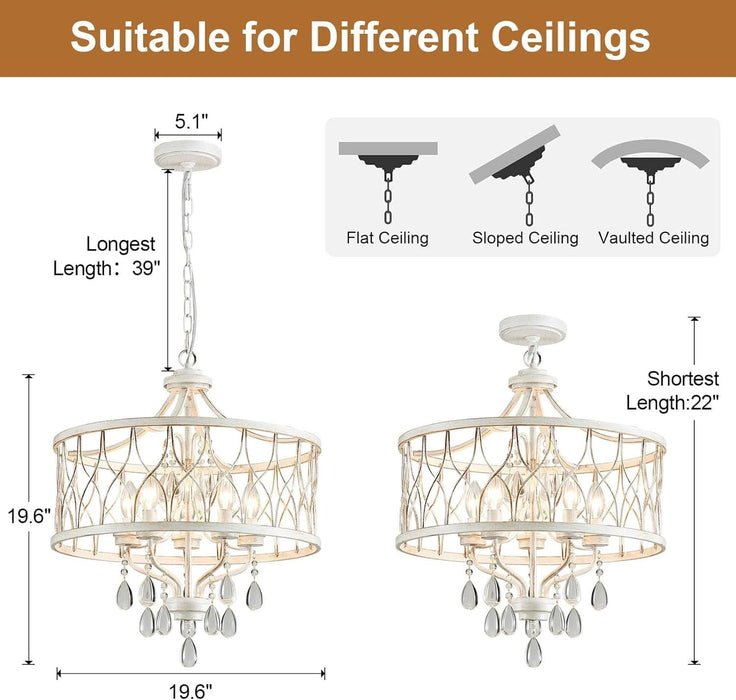 Modern Crystal Chandelier, 5-Light Farmhouse White Chandelier for Dining Room Vintage Hanging Pendant Light Fixtures round Chandelier for Kitchen Island Entryway Foyer Bedroom Office Bar