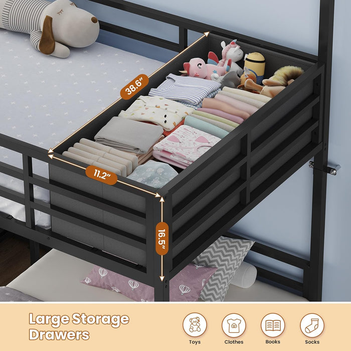 Black CommercialGrade Triple Bunk Bed HouseShaped LED