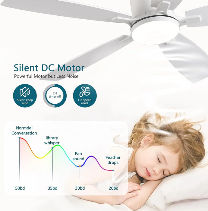 Ceiling Fans with Lights, 52 Inch Low Profile Ceiling Fan with Light and Remote Control, Flush Mount, Reversible Motor, Dimmable, Noiseless, White Ceiling Fan for Bedroom, Indoor/Outdoor Use