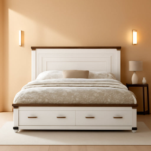 Farmhouse King Size Wood Bed Frame with 54" Tall Geometric Headboard, 2 Large Storage Drawers, Solid Wood Slats Support, Noise Free, No Box Spring Needed, Antique White