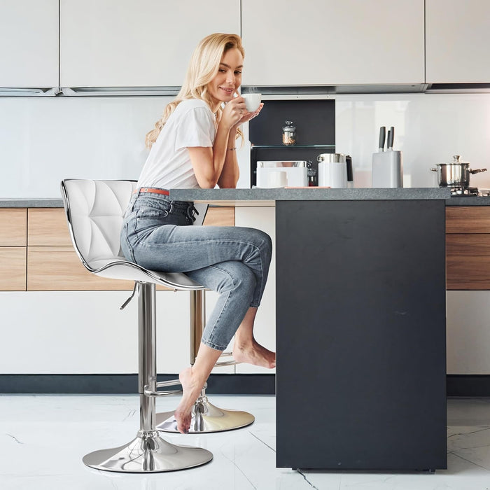 Bar Stools Set of 2, Island Chairs Shell Back, PU Leather Adjustable Barstools, Swivel Bar Chairs with Footrest for Home Kitchen, White